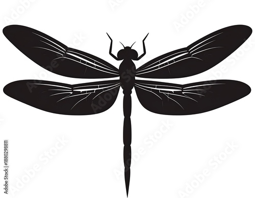 A black silhouette of a dragonfly with spread wings against a white background