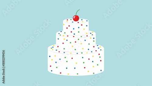 Three Tiered White Cake With Red Cherry On Top.