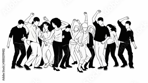 Diverse group of people dancing energetically together in a lively celebration.