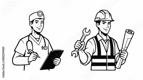 Doctor and construction worker professions side by side illustration.