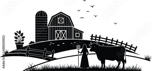 Detailed Farm Landscape Silhouette Vector with Barn, Silo, Cow, Female Farmer Holding Pitchfork, and Fence, Symbolizing Rural Agriculture and Sustenance.