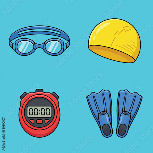 Swimming gear collection with goggles, cap, stopwatch, and fins.