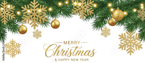 Luxurious Merry Christmas and Happy New Year Horizontal Banner with Realistic Green Fir Tree Branches, Golden Baubles, Glitter Snowflakes, and Bright String Lights on White.