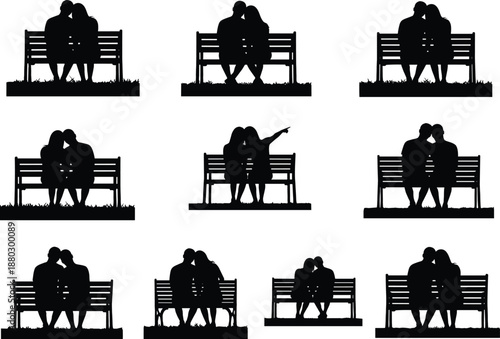 Couple silhouette, bench romance, black illustration, affectionate pose, love moment, peaceful park, emotional connection, sitting together, grass detail, minimalist style