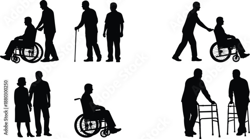 Elderly people silhouette collection isolated on white background, senior care activities with wheelchair and walker icons for healthcare, social, and medical design