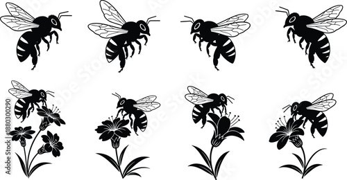 Bee Silhouette Illustration Set with Flying Bees and Pollinating Flowers, Black Nature Insect Collection Vector Design