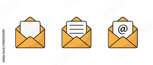Open envelope icon set in flat design. Email message symbol. Mail notification sign