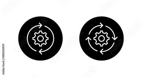 Gear reload icon in black circle. System update, process cycle, and settings circular arrow symbol