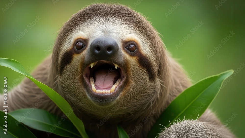 Fototapeta premium Close-up of a Three-Toed Sloth with Open Mouth and Teeth Showing