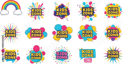 Colorful Kids Zone Badge and Label Collection with Rainbow, Balloons and Fun Shapes, Play Area Branding and Children Entertainment Vector Illustration