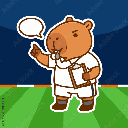 Cute Capybara Sports Coach with Whistle and Clipboard