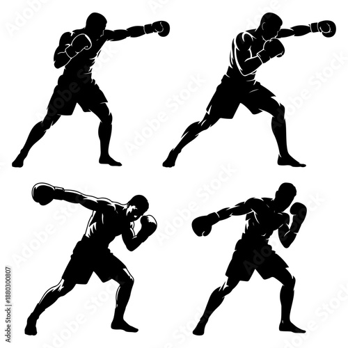 Boxer in action black silhouette set