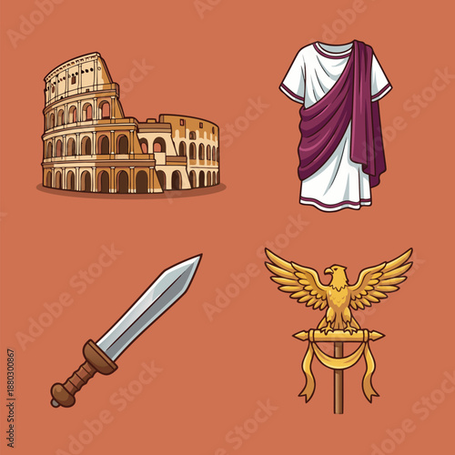 Ancient Roman Empire symbols and landmarks set.