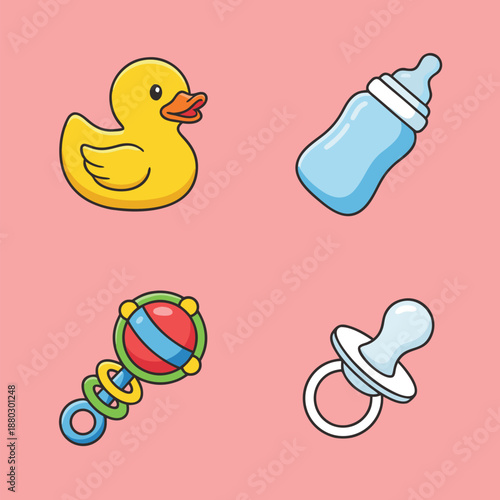 Baby essentials collection featuring rubber duck, bottle, rattle, and pacifier.