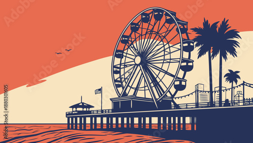Los angeles skyline captures santa monica piers iconic ferris wheel silhouette under a stunning sunset. Perfect for travel brochures and citythemed designs.