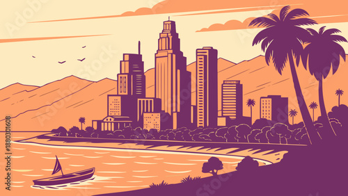 Los angeles skyline featuring palm trees, boats, mountains, and sea. Great for travel brochures, website banners, city guides, and postcards.