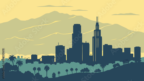 Los angeles skyline, trees, distant mountains suitable for travel brochures, city promotions, californiathemed designs, nature or urban landscapes.