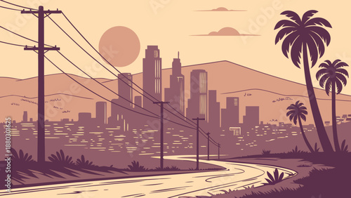 Los angeles skyline, california, palm trees. Suitable for travel websites, tourism agencies, city guides, and promotional materials. Ideal for marketing materials.
