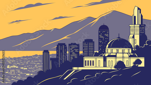 Los angeles skyline with griffith observatory, downtown views, and majestic mountains. Perfect for travel, cityscape, tourism, los angelesthemed projects.