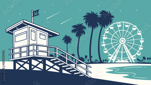 Los angeles skyline frames santa monica piers, lifeguard station, and palm trees. Perfect for travel blogs, city guides, urban photography collections.