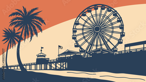 Ideal for travel brochures, websites, and promotional materials showcasing the picturesque los angeles skyline, santa monica piers, ferris wheel, and palm trees.