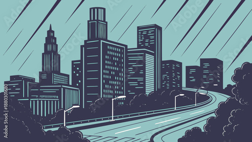 Los angeles skyline with tall buildings and a highway road, perfect for cityscape projects, travel brochures, urban development websites.