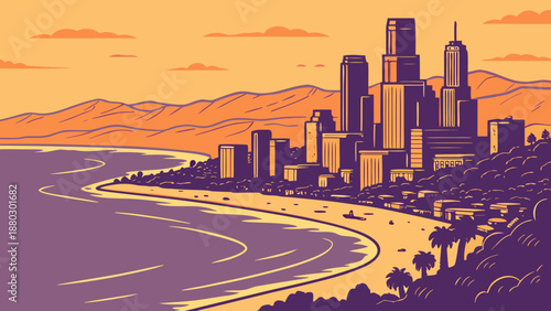 Los angeles skyline, sandy beach, mountains, orange sky  perfect for travel brochures, website banners, social media posts.