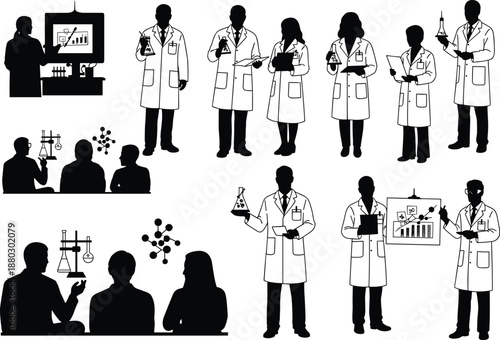 Diverse scientist silhouette vector set showing researchers presenting findings, conducting lab experiments, holding beakers, and teaching during a scientific conference.