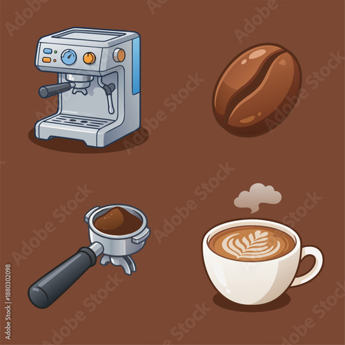 Coffee preparation essentials - espresso machine, bean, portafilter, and latte art cup.