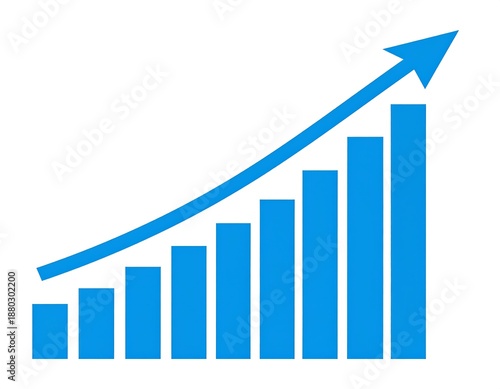 Blue bar graph with upward curved arrow, indicating growth