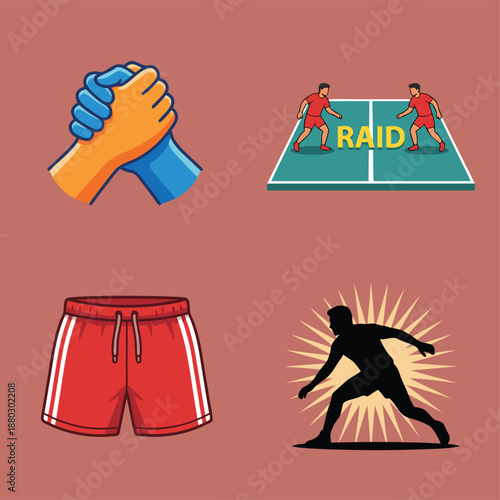 Collection of sports and competition themed illustrations including arm wrestling, kabaddi, shorts, and a badminton player.
