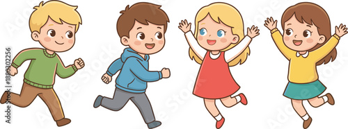Cute cartoon children running and jumping together happy playful boys and girls isolated school activity illustration set