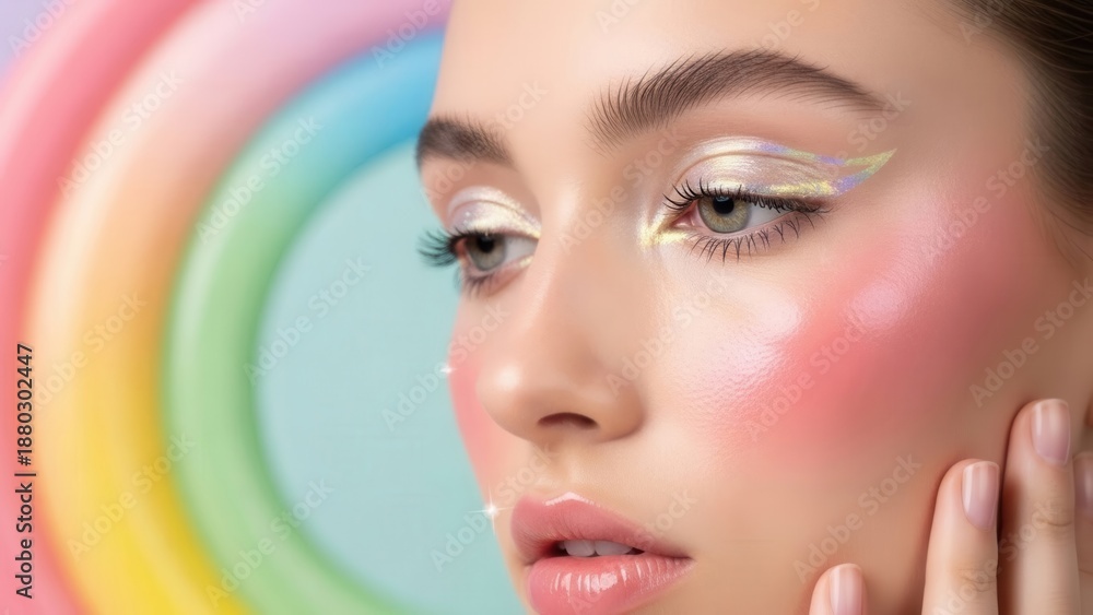 Obraz premium A close-up portrait of a young woman with vibrant makeup highlighting her features against a colorful rainbow background