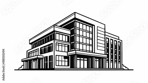 Modern Office Building Architectural Drawing Black and White.