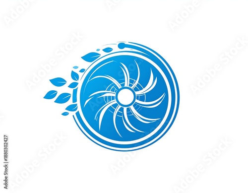 Blue circular emblem with stylized turbine and leaf elements