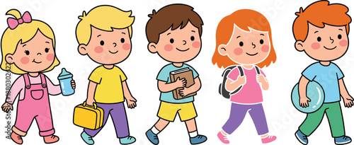Cute school children walking together holding books lunchbox drink and ball happy back to school cartoon set
