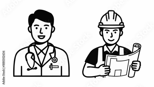 Doctor and construction worker professions side by side illustration.