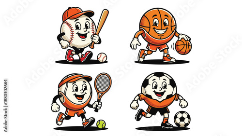 Cute sports ball mascot characters set including baseball basketball tennis and soccer cartoon illustration isolated collection