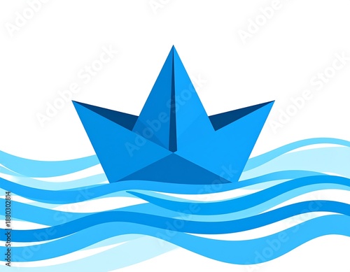 Blue origami paper boat sailing on wavy blue lines, isolated on white