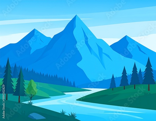 Blue mountain range landscape with a river flowing through it