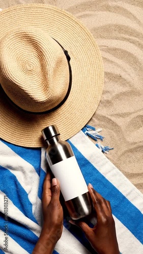 A person holding a bottle of sunscreen on a beach towel under a straw hat