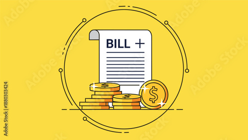 Financial bill payment and savings concept features a document with a plus sign next to stacks of shining gold coins on a yellow background.