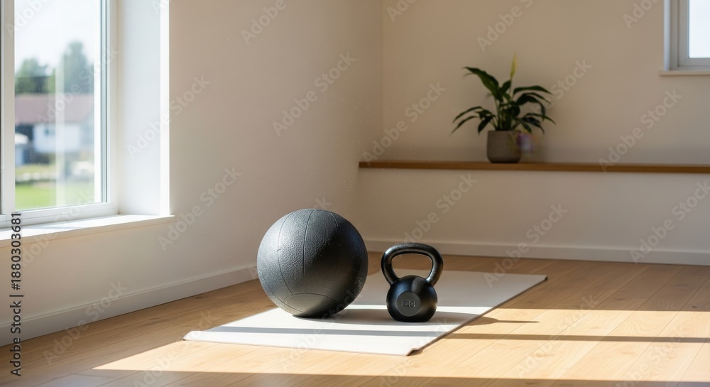 Obraz premium Exercise equipment sits on a mat on a bright wooden floor near a window.