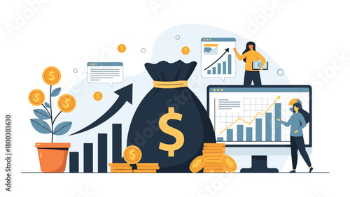 Investment growth concept shows people managing wealth with money bags, gold coins, and financial charts on a large computer screen.
