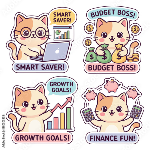 Cute Cat Financial Literacy Stickers Set.