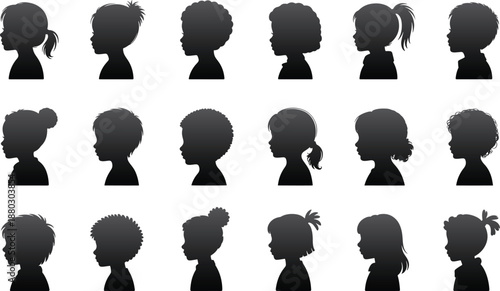 children shown in side profile view clipart collection, various hairstyles, Make a Shadow Selfie silhouette vector illustration.