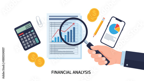 Financial analysis workspace features a hand using a magnifying glass to check a report near a calculator, gold coins, and a smartphone.