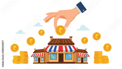 Small business investment concept shows a hand putting a rupee coin into a retail store to help with franchise growth and local commerce.