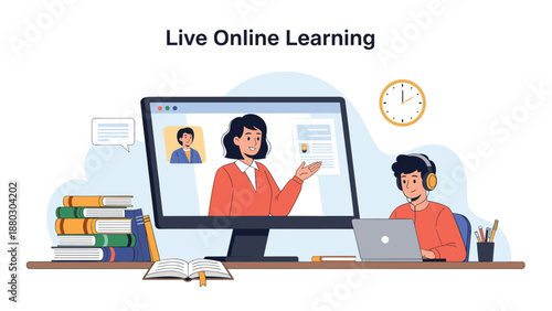 Live online learning session shows a teacher on a computer monitor giving a lesson to a student wearing headphones at a desk with books.