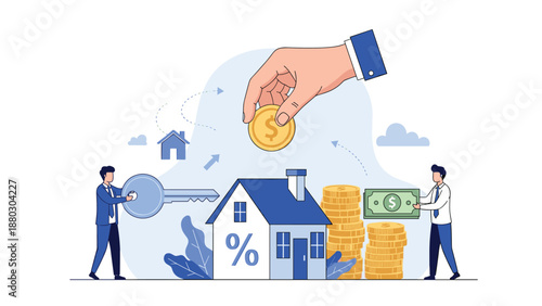 Mortgage and housing loan concept shows people securing a new home with keys and money while a large hand invests a dollar coin for saving.